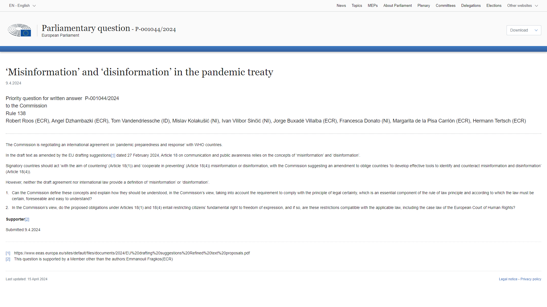 8 EU-parlamentarikere har sendt spørsmål til EU-kommisjonen